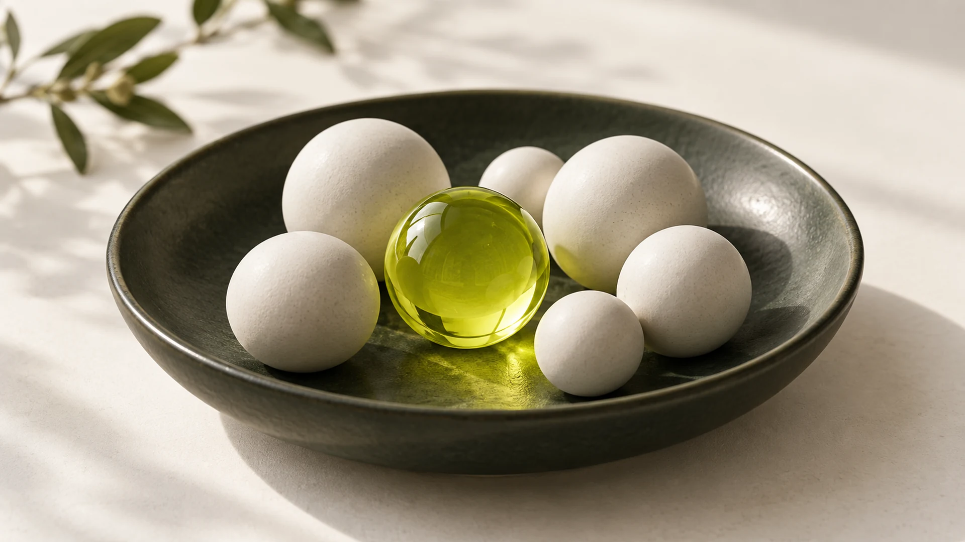 A lime glass sphere among off-white ceramic spheres in a dark shallow dish.