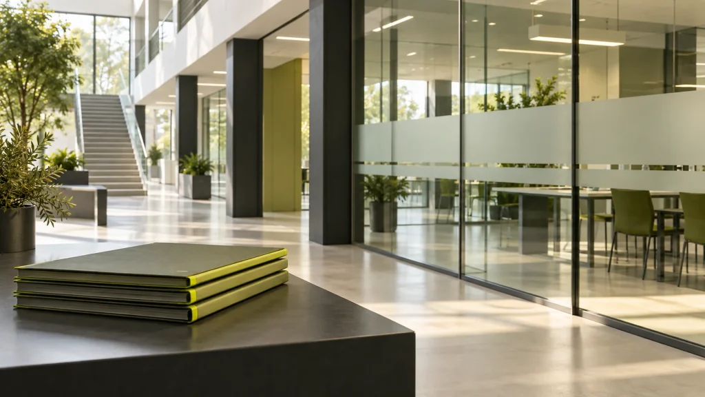 Unmarked folders on a desk in a modern glass-partitioned institutional interior.