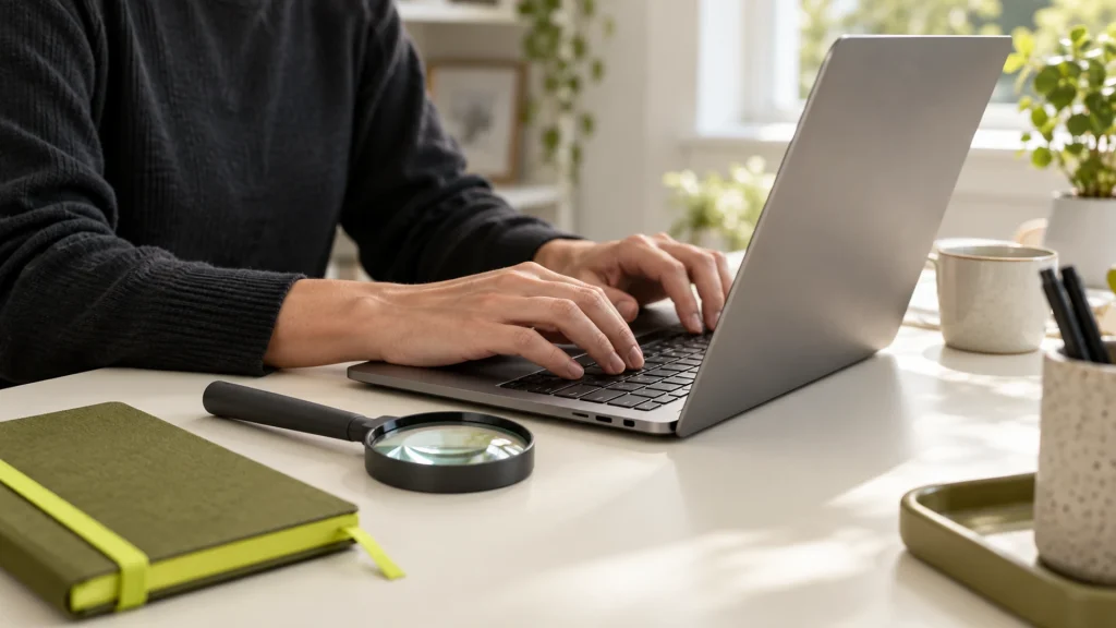 Hands using a laptop beside a magnifying glass and olive notebook.