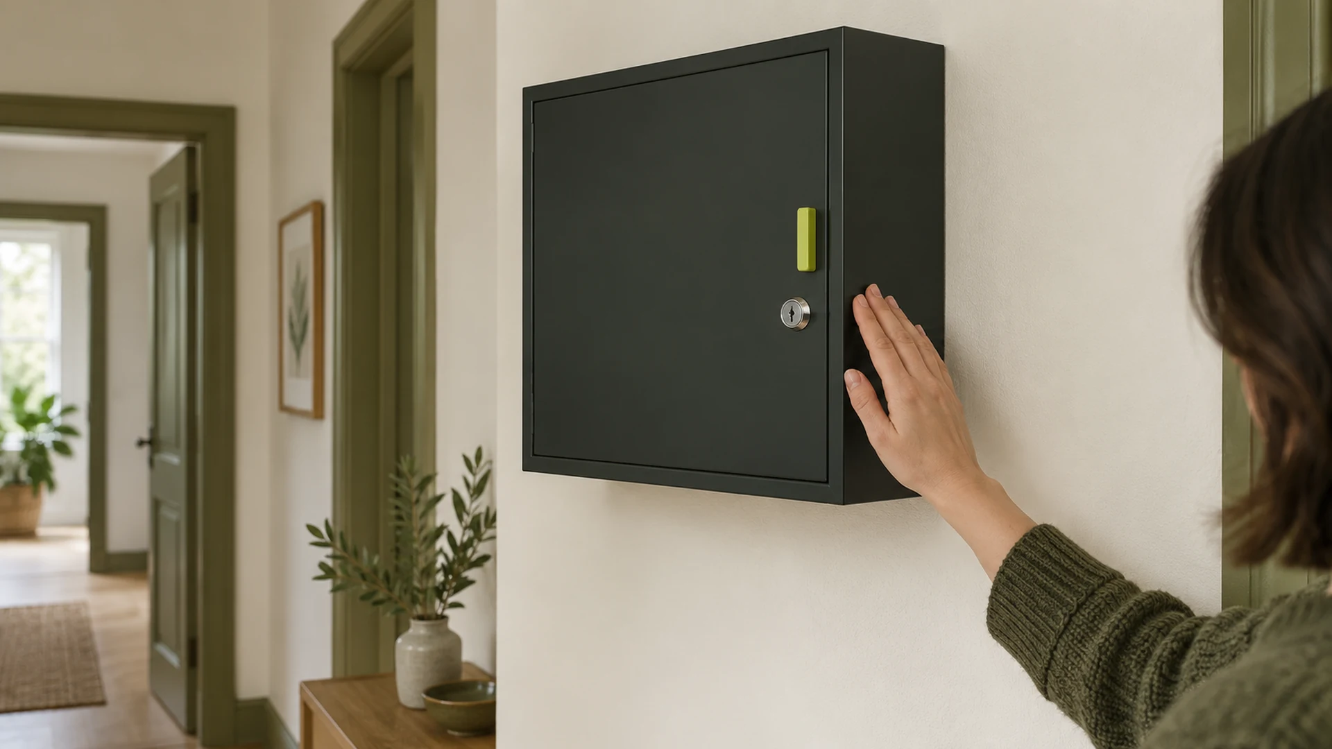 An adult checking the closed door of a high wall cabinet with a lock.